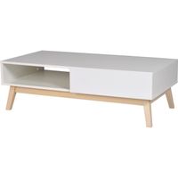 Table basse scandinave blanc satiné avec pieds bois tilleul massif - L 120 x l 60 cm - HOME