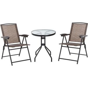 Ensemble table et chaise de jardin Ensemble de jardin 3 pièces 2 chaises inclinables multi-positions pliables + table ronde verre trempé métal époxy textilène