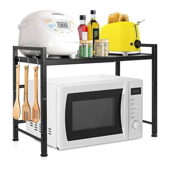 Support Extensible 2 Niveaux Pour Four Micro-Ondes - Étagère Cuisine Réglable 40-64 Cm Avec 6 Crochets, Charge 75 Kg, Noir