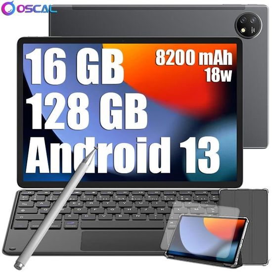 Oscal Pad 16 Tablette Tactile Android 13 10,51" 16Go+128Go-SD 1To 8200mAh 13MP+8MP 5G Wifi Stylet Gratuit Gris Avec Clavier K1
