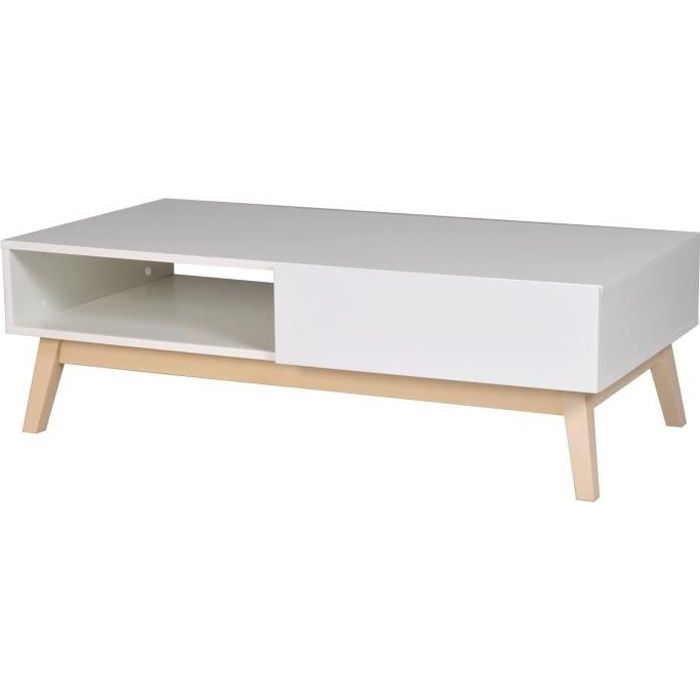 table basse scandinave blanc satiné avec pieds bois tilleul massif - l 120 x l 60 cm - home