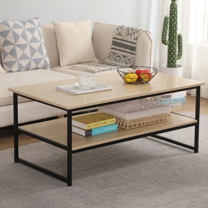 Table Basse 2 Couches Style vintage simple,étagères en Panneau Bois Marron et Métal Peint Noir avec grande surface,montage facile