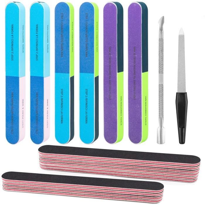 18 Outils de manucure limes à ongles professionnelles double face Avec lime à ongles en acier inoxydable et tige de poussée en acier