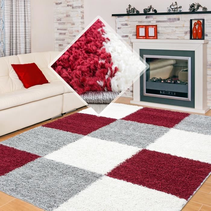 Structure à fibres longues Salon Shaggy Tapis trois Couleurs différentes Couleurs et Tailles (Gris-Blanc-Rouge - 120x170 cm)