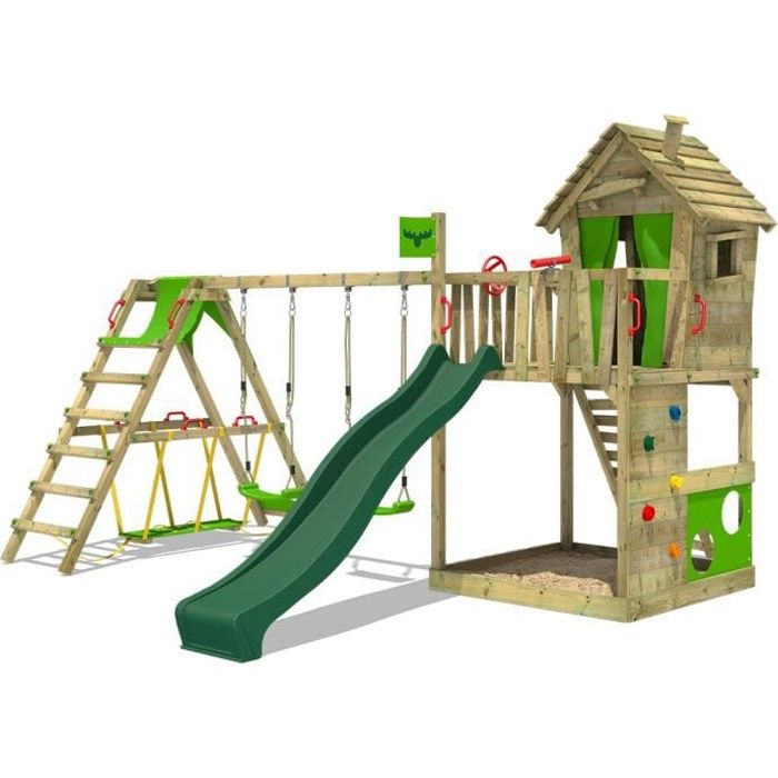 FATMOOSE Aire de jeux Portique bois HappyHome avec balançoire SurfSwing et toboggan vert Maison enfant extérieure avec bac à sable