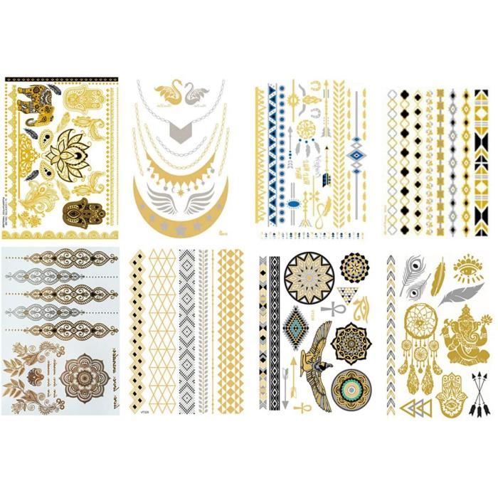 NOVAGO Pack de 8 Planches de 21x10 cm de Tatouages éphémères métalliques brillants (doré et argenté) , motifs variés (Doré),109
