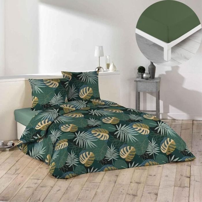 Pack parure de couette 240 x 220 cm Gala + drap housse 140 x 190 x 30 cm Kaki