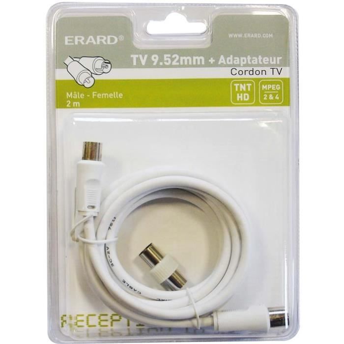 Cordon TV mâle 9.52 mm / femelle + adaptateur mâle mâle - 2 m