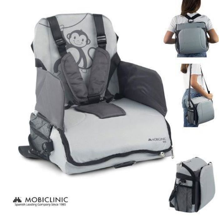 Portable Pliable Réhausseur Siège de Table Bébé Enfant Repas+5-Point Harnais pour bébé de 6 mois à 3 ans Gris Monkey Mobiclinic