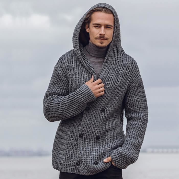 Pull à capuche de couleur unie pour hommes Pull cardigan à manches longues