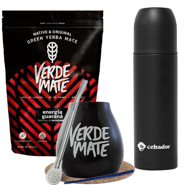 Yerba Maté Kit Verde Mate Energy Guarana Non Fumé 500g + Noir Calebasse Maté 350 ml+ Yerbomos Thermos de yerba mate 650 ml