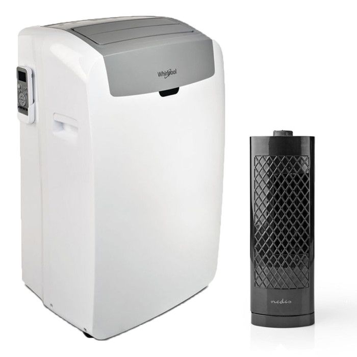 WHIRLPOOL Climatiseur mobile monobloc pour surface 25m2 + Ventilateur Colonne de Bureau