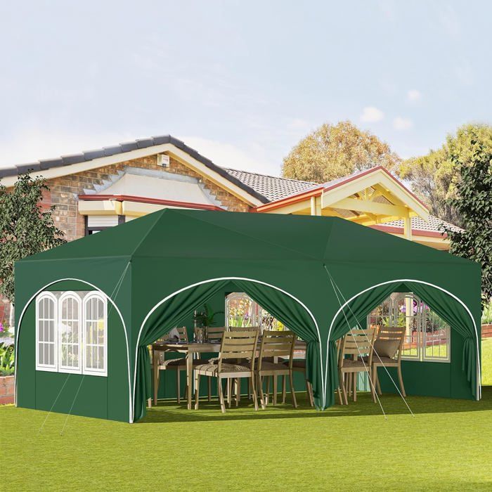 WOLTU Tonnelle de Jardin Pergola Pliante 3x6m avec 6 Parois Latérales Barnum Hauteur Réglable Imperméable Anti-UV Vert