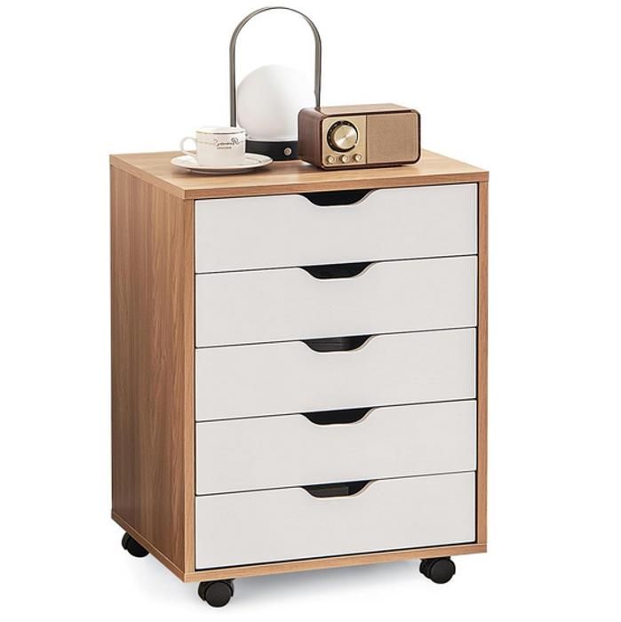 giantex caisson de bureau 5 tiroirs à roulettes-commode meuble de rangement-support d'imprimante-49x 40x 65cm-blanc+ naturel