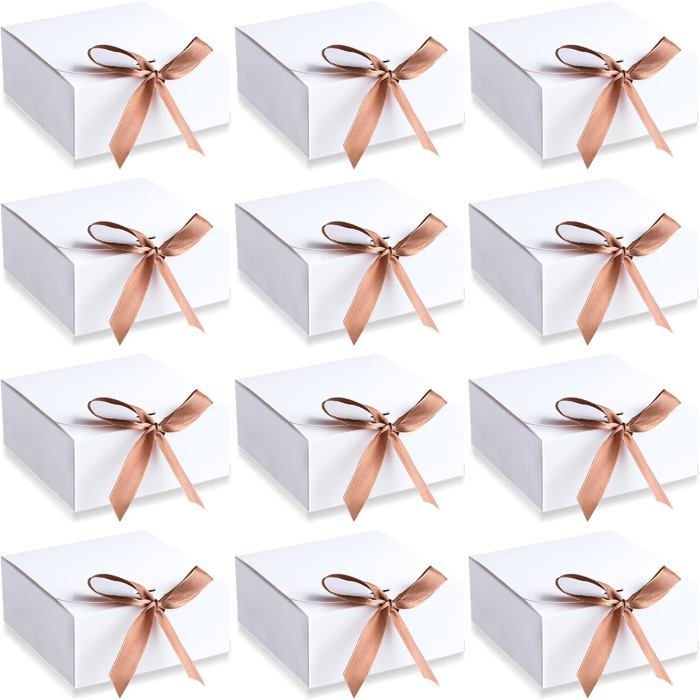 Lot De 10 Boîtes Cadeaux Pliables - 12x12x9 Cm, Avec Rubans - Pour Mariage, Anniversaire, Fêtes (blanc Ou Noir)