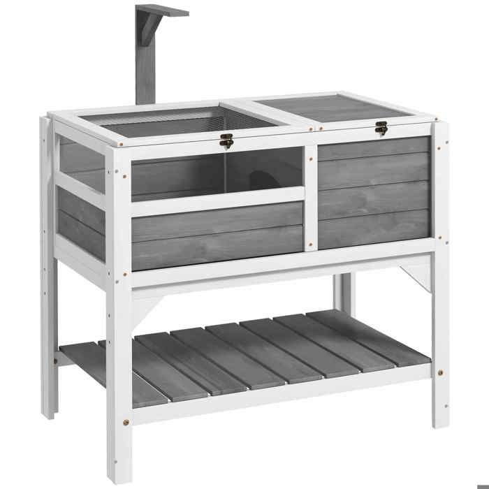 Comparer les prix de Maison enclos pour tortues - PawHut - sur pieds - avec étagère de rangement - en bois massif - intérieur et extérieur - gris clair