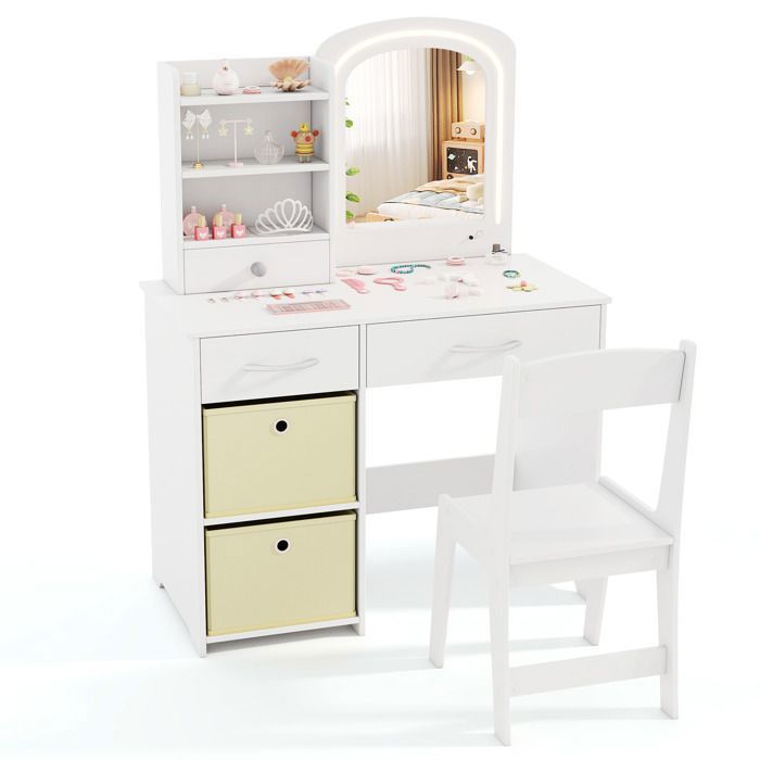 COSTWAY Coiffeuse pour Enfants avec Chaise Miroir Lumineux Étagères Ouvertes et Tiroirs de Rangement Blanc COSTWAY Coiffeuse pour Enfants avec Chaise Miroir Lumineux Étagères Ouvertes et Tiroirs de Rangement Blanc