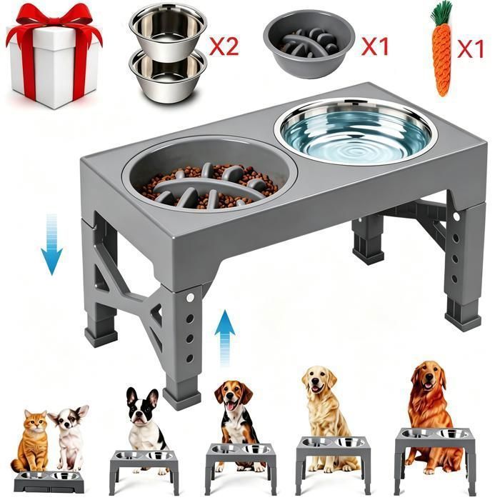 Gamelle Chien Surélevées de 4 Hauteurs Ajustables Avec 2 Bols en Acier Inoxydable et 1 Gamelle Anti-Glouton Pliable Antidérapant