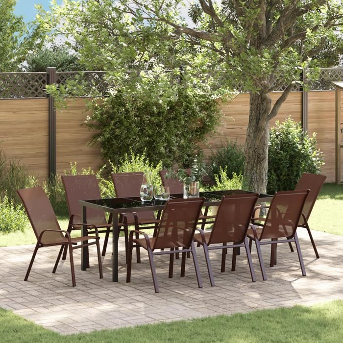 vidaXL Ensemble de repas de jardin 9 pièces Brun Textilène et Acier 3379134