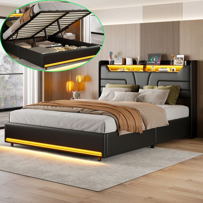 Lit 160x200 avec Sommier – Lit Coffre – LED – 2Prises & 2USB – Lit Adulte – Tête de Lit avec Rangement – Lit Rembourré – PU – Noir