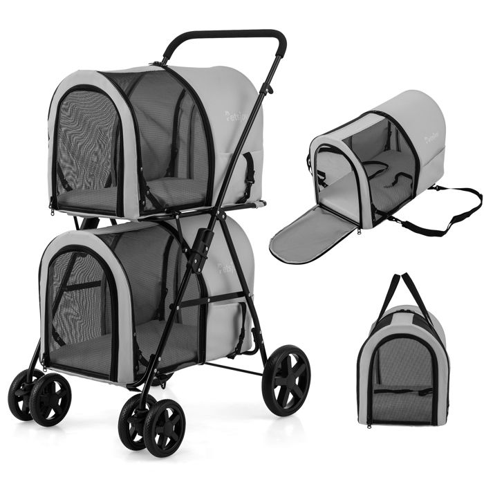 Comparer les prix de COSTWAY Poussette Buggy Pliable Chien Chat 2 Cages Détachables 4 Roues Universelles avec Porte Bidirectionnel en Tissu Oxford Gris