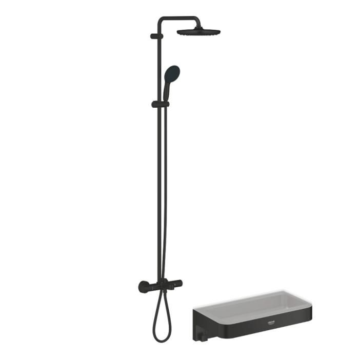 Grohe Colonne bain douche thermostatique Vitalio Start System noir mat + Panier douche Start Cube