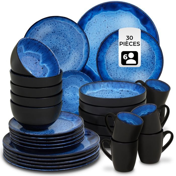Service - TECTAKE - Set de vaisselle MARE 30 pièces en faïence émaillée 6 personnes fait main compatible lave-vaisselle - Bleu