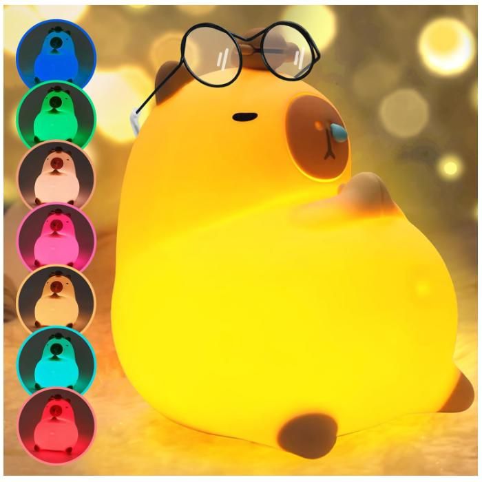 Capybara Veilleuse Enfants Capybara Touch Control Lampe de Chevet 7couleurs et éclairage RGB Recharge USB et Minutage Kawaii Silicon