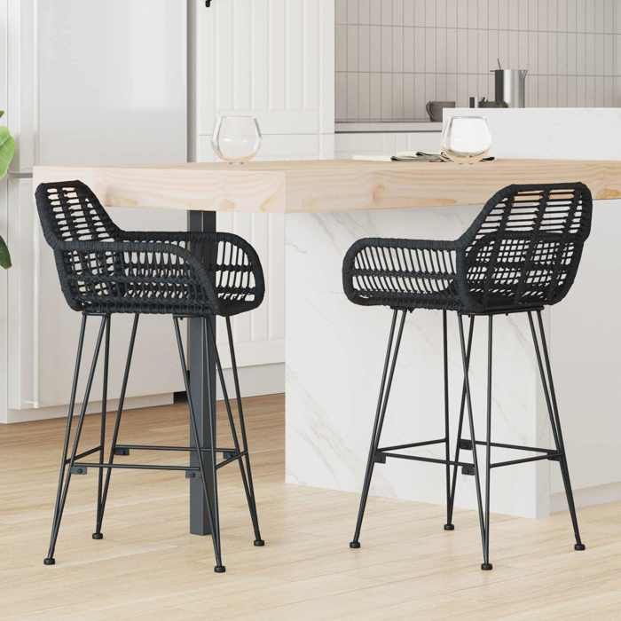 NEW 2026 Chaise de bar 2 pcs siège de cuisine pour 2 personnes Noir 55x52x92 cm Rotin et métal L1342