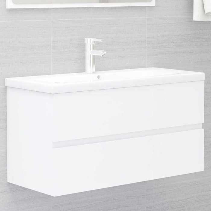 NEW 2026 Meuble Lavabo de Bain - 1 PC - Armoire dévier - avec lavabo intégré blanc bois dingénierie 90x38.5x45 cm L6239
