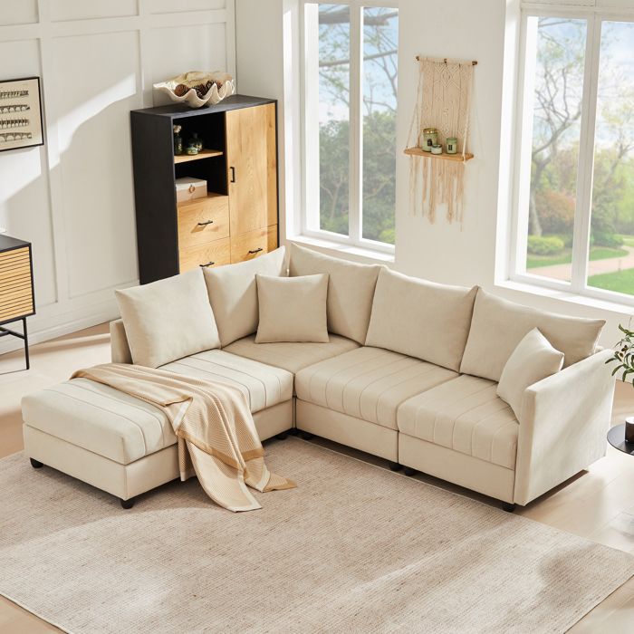 Canapé dAngle Moderne 220 cm Canapé 5 Places en L/U avec Pouf Convertible - Tissu Coton-Lin Respirant - pour Salon Séjour - Beige
