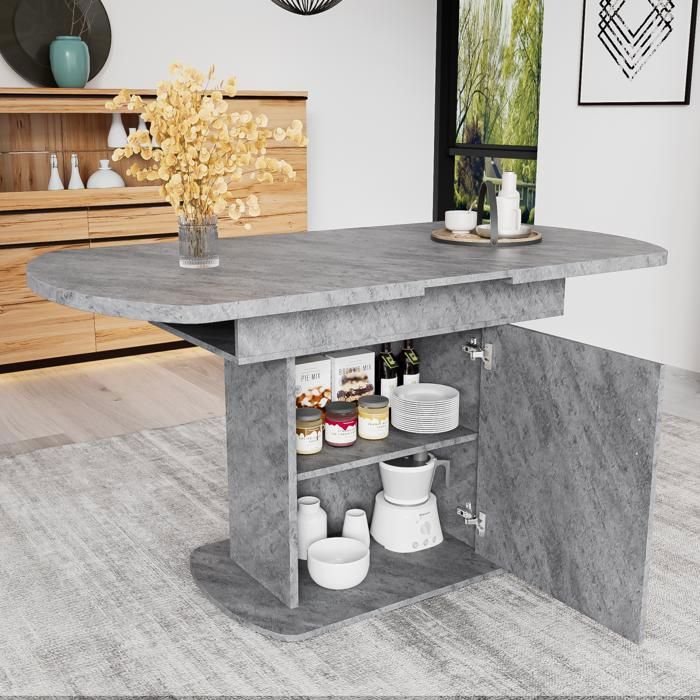 MEUBLIV Table à manger ovale extensible avec rangements intégrés 110-130 x 70 x 75 cm panneaux de particules gris