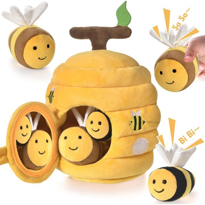 Ruche en Peluche 6-en-1 avec 5 Abeilles - Hochets Miroirs et Jouets Sensoriels Interactifs Montessori - Pour Bébé de 6 Mois