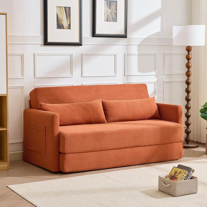 Canapé-lit 2 places - PAGE LIVING - 165x92x82 cm - Velours côtelé orange - Convertible pliant - 2 coussins