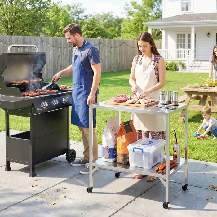 Chariot de Barbecue Table de Préparation Extérieur avec Plan de Travail et Roulettes Acier Inoxydable 85x60x92cm Argenté