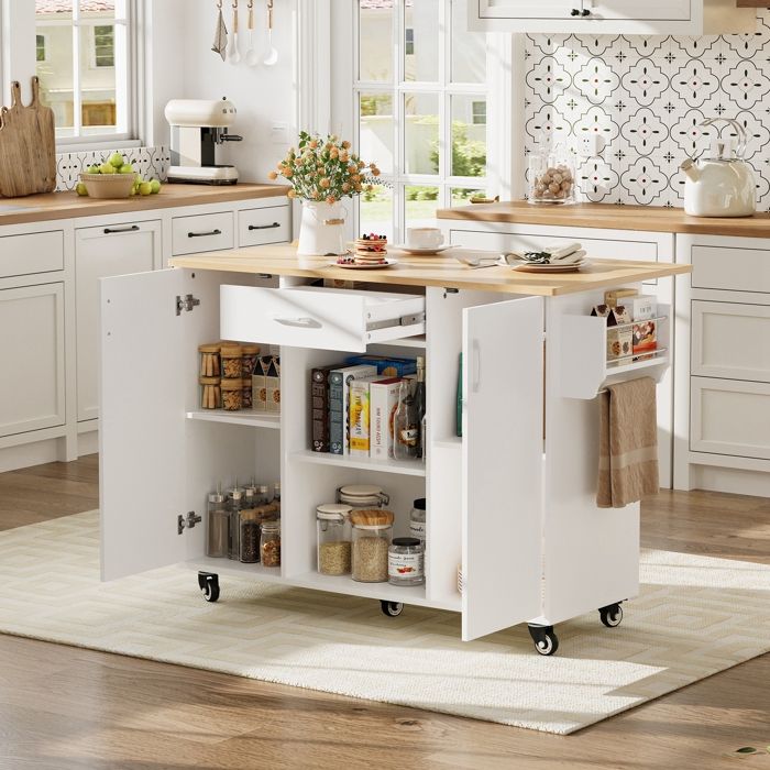 Desserte Cuisine à 5 roulettes 92.9x120x43.5cm - Îlot Central-Buffet Salles à Manger avec Plan de Travail Pliable-1 Tiroirs-Blanc