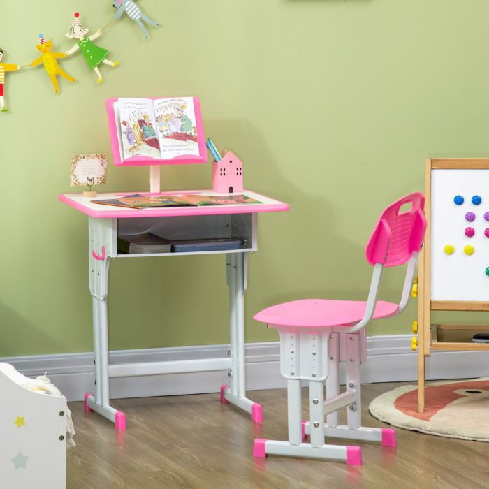 MOTHINESSTO5565-Bureau et chaise pour enfant avec support de lecture casier crochet et porte stylo 60 x 45x 90-102 cm rose