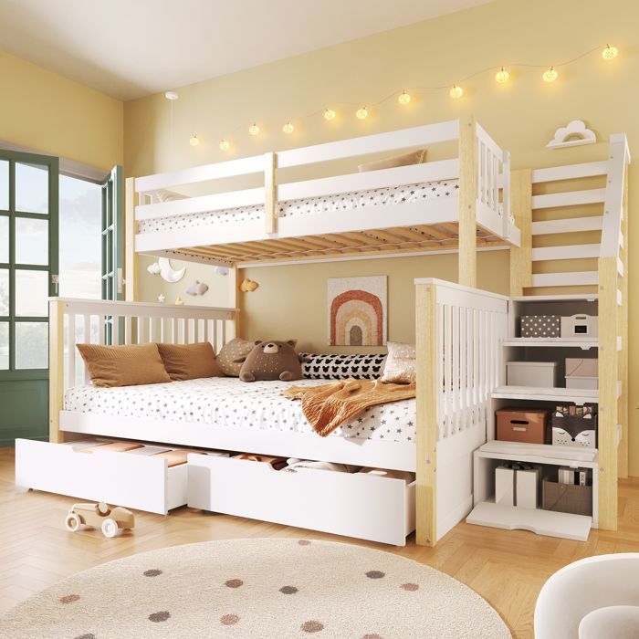 Lit superposé 2 places - 90x200 + 140x200 - Avec tiroirs & rangement - Blanc MDF - Gain de place design moderne