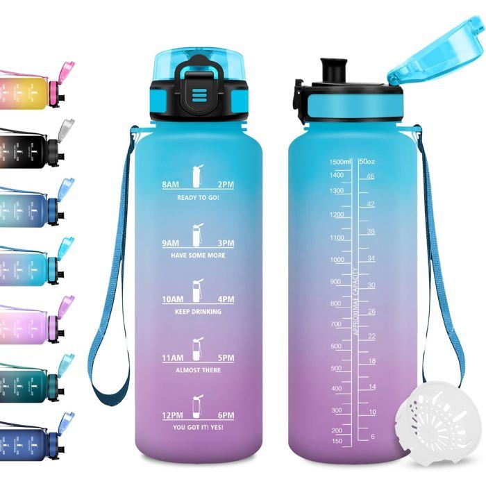 Gourde 1.5L Étanche Bouteille Motivation avec Marqueur de Temps Gourde avec Filtre  pour Camping Voyage Bureau