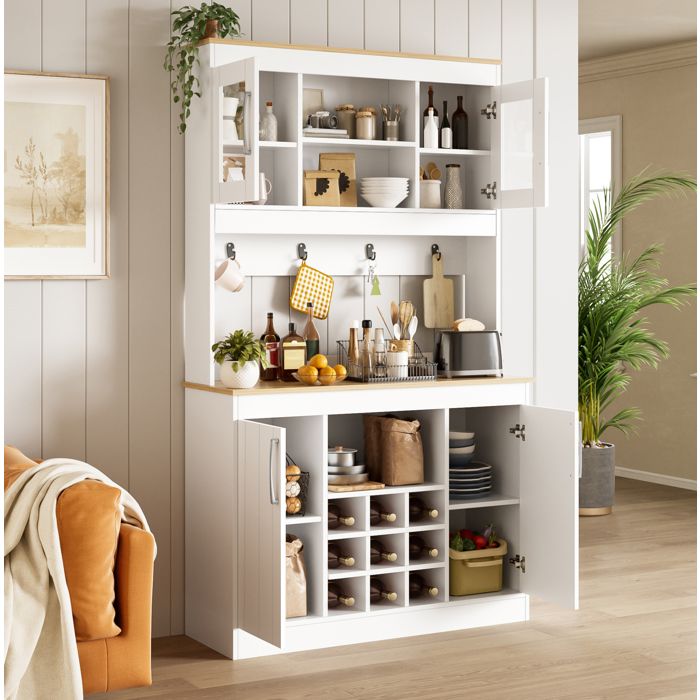 Buffet de cuisine avec 5 portes 2 portes vitrées range-bouteilles et crochets plan de travail 106 × 39 × 175 cm - UVRION