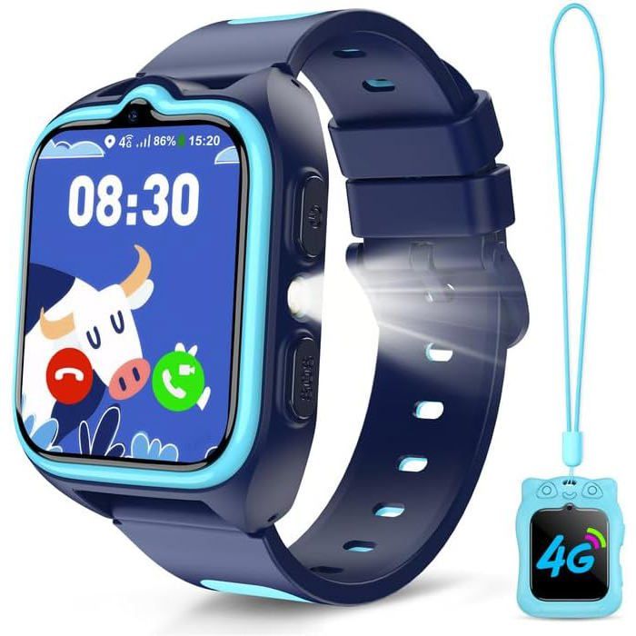4G Montre Connectée Enfant Avec Appel Vidéo Et Gps Compatible Nano Sim Messages Vocaux Sos Mode École Lampe Torche Podomètre