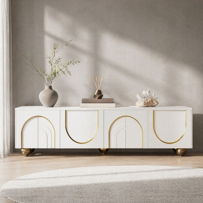 Meuble TV blanc et or – portes structurées poignées dorées pieds dorés – 170 cm