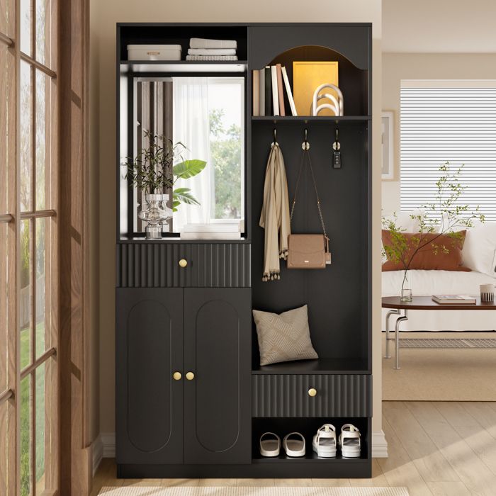 Meuble dentrée 100x35x180 cm-miroir intégral-LED multicolore via application-banquette-range-chaussures-2 tiroirs-2 portes-MDF