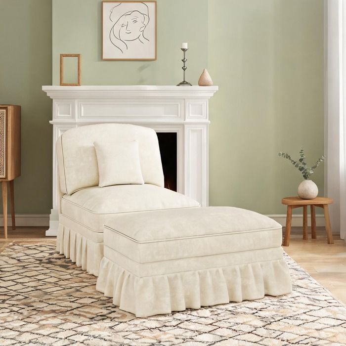 Fauteuil lounge 1 place en chenille white finish avec pouf jupe à volants amovible pieds fuselés style classique