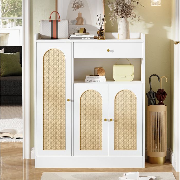 Meuble à chaussures et rangement rotin 90 x 35 x 110 cm 3 portes 1 tiroir étagères réglables blanc et naturel