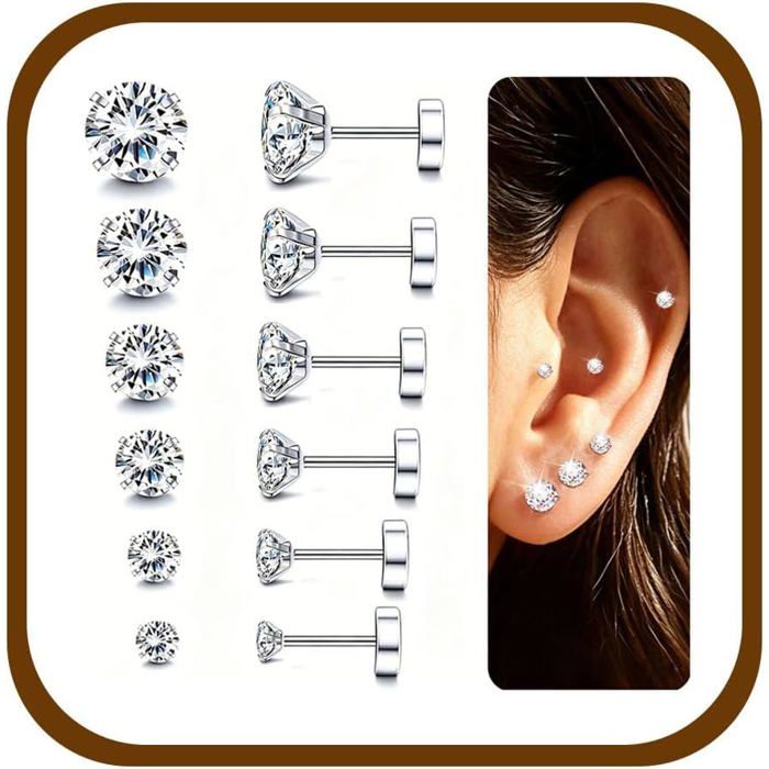 6 Paires Boucles DOreilles Dos Plat Pour Femmes Hommes Acier Inoxydable Zircone Cubique Clous DOreilles Hypoallergénique C[PP102]