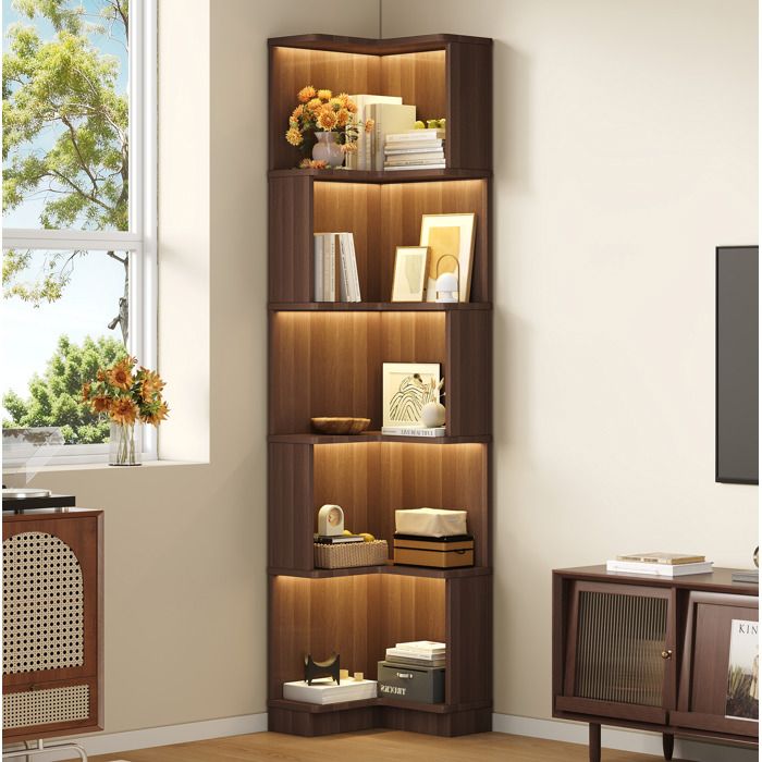 Bibliothèque dAngle en L 5 Étagères Ouvertes avec LED Multicolore - BEAUNIV - MDF Marron pour Bureau 635×45×175 cm