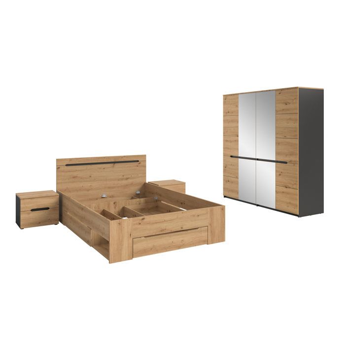 [en.casa] Canu ensemble de chambre 4 pièces gris basalte et décor chêne artisan