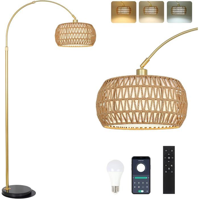 Lampadaire abat-jour rotin dimmable LED E27 3000K-6000K hauteur réglable 155-185 cm base marbre contrôle application télécommande
