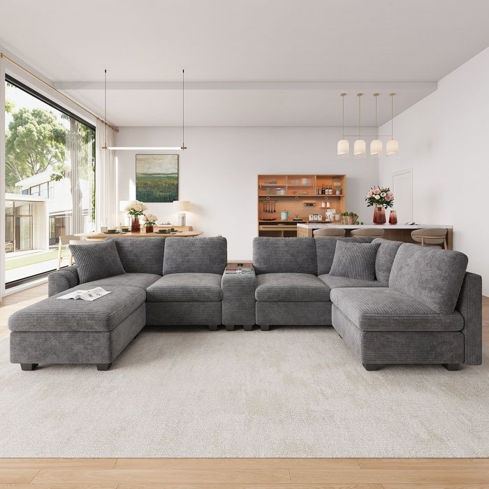 Canapé dangle U modulable 6 places en velours côtelé avec pouf coffre et console centrale rangements latéraux 311 cm gris